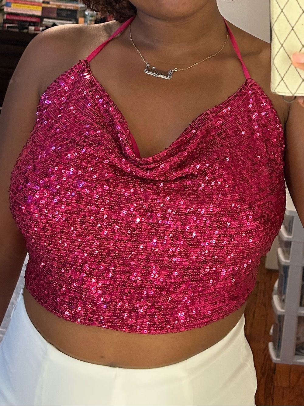 wild fable Hot Pink Sequin Cowl Halter Crop Top